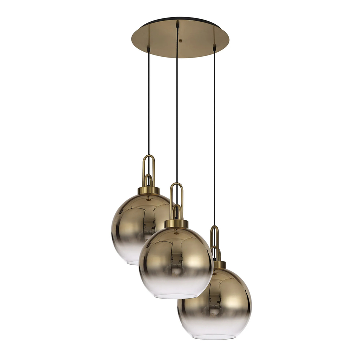 Idolite Camille Round 3 Light Pendant With 30cm Globe Glass, Brass Gold/Matt Black Brass Gold/Clear