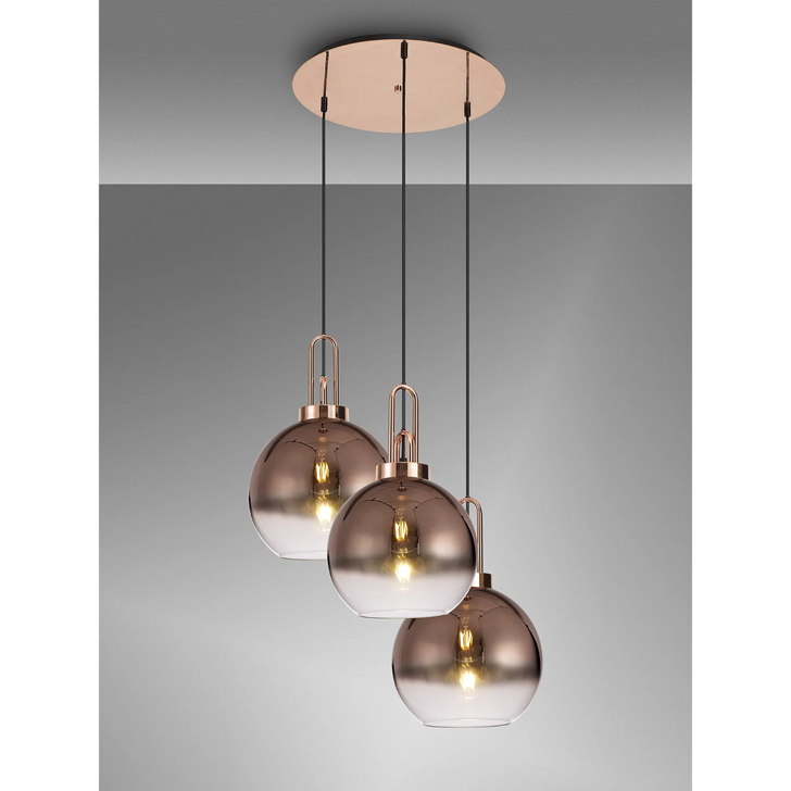 Idolite Camille Round 3 Light Pendant With 30cm Globe Glass, Copper/Matt Black Copper/Clear