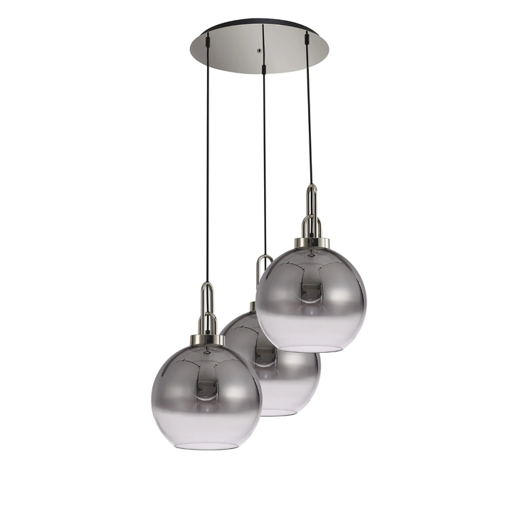 Idolite Camille Round 3 Light Pendant With 30cm Globe Glass, Polished Nickel/Matt Black Smoked/Clear