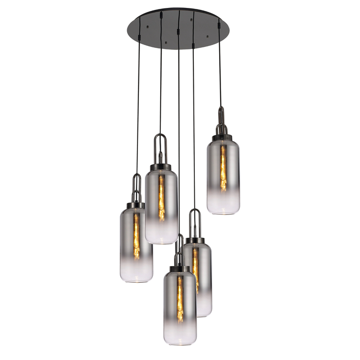 Idolite Camille Round 5 Light Pendant With 16cm Cylinder Glass, Black Chrome/Matt Black Smoked/Clear