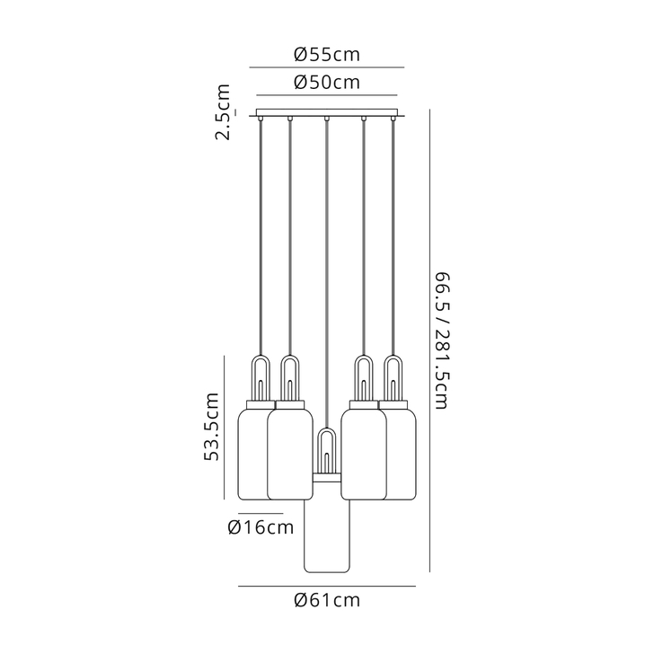 Idolite Camille Round 5 Light Pendant With 16cm Cylinder Glass, Copper/Matt Black Copper/Clear