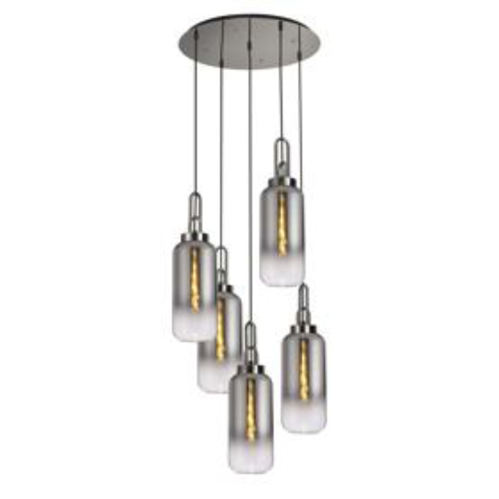 Idolite Camille Round 5 Light Pendant With 16cm Cylinder Glass, Polished Nickel/Matt Black Smoked/Clear