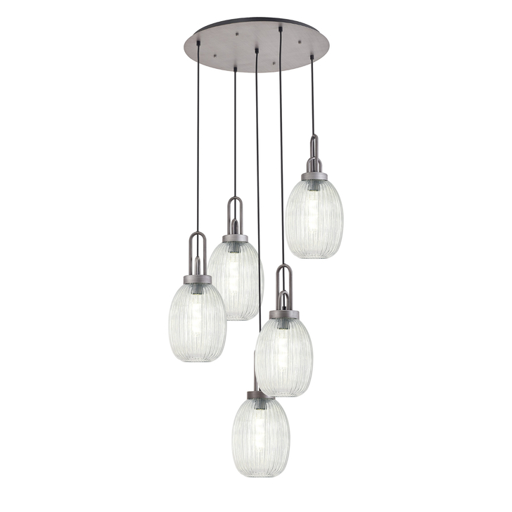 Idolite Camille Round 5 Light Pendant With 20cm Almond Ribbed Glass, Aged Pewter/Matt Black Clear