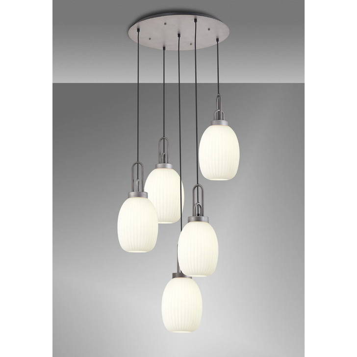 Idolite Camille Round 5 Light Pendant With 20cm Almond Ribbed Glass, Aged Pewter/Matt Black Opal