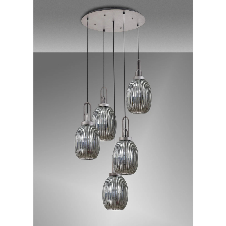 Idolite Camille Round 5 Light Pendant With 20cm Almond Ribbed Glass, Aged Pewter/Matt Black Smoked