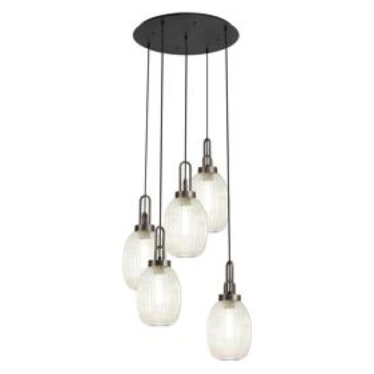 Idolite Camille Round 5 Light Pendant With 20cm Almond Ribbed Glass, Antique Silver/Matt Black Champagne