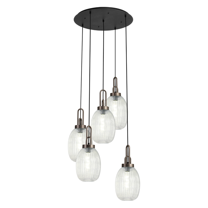 Idolite Camille Round 5 Light Pendant With 20cm Almond Ribbed Glass, Antique Silver/Matt Black Clear