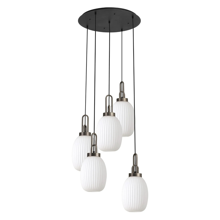 Idolite Camille Round 5 Light Pendant With 20cm Almond Ribbed Glass, Antique Silver/Matt Black Opal