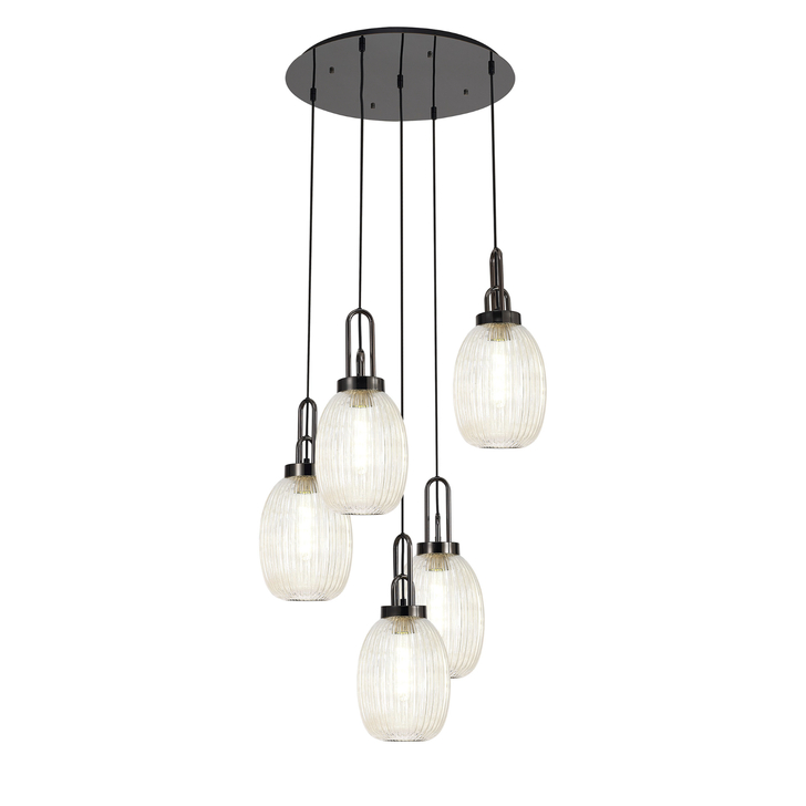 Idolite Camille Round 5 Light Pendant With 20cm Almond Ribbed Glass, Black Chrome/Matt Black Champagne