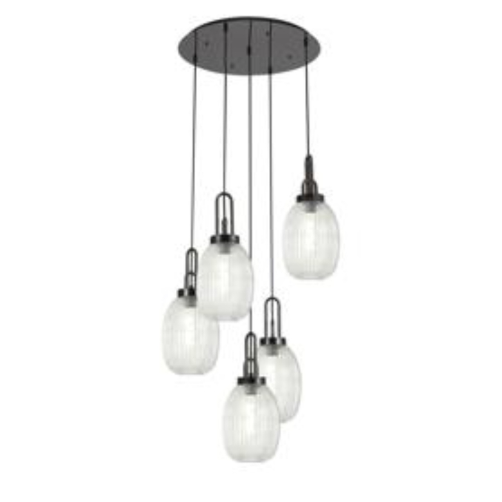 Idolite Camille Round 5 Light Pendant With 20cm Almond Ribbed Glass, Black Chrome/Matt Black Clear