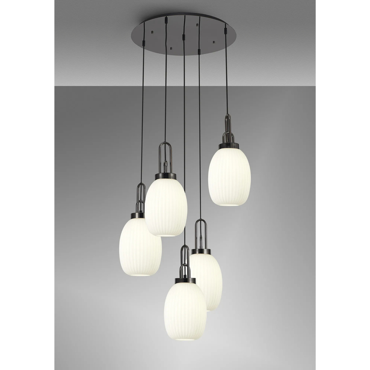 Idolite Camille Round 5 Light Pendant With 20cm Almond Ribbed Glass, Black Chrome/Matt Black Opal