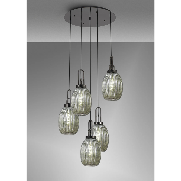 Idolite Camille Round 5 Light Pendant With 20cm Almond Ribbed Glass, Black Chrome/Matt Black Smoked