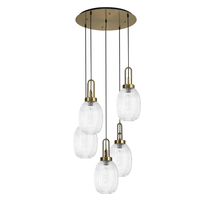 Idolite Camille Round 5 Light Pendant With 20cm Almond Ribbed Glass, Brass Gold/Matt Black Clear