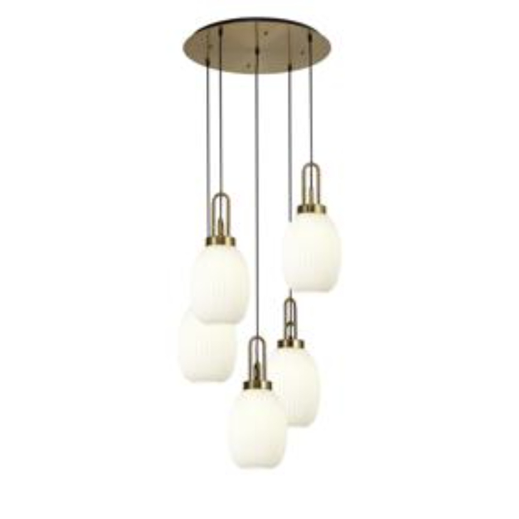 Idolite Camille Round 5 Light Pendant With 20cm Almond Ribbed Glass, Brass Gold/Matt Black Opal