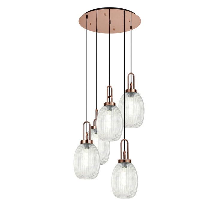 Idolite Camille Round 5 Light Pendant With 20cm Almond Ribbed Glass, Copper/Matt Black Clear