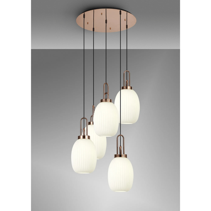 Idolite Camille Round 5 Light Pendant With 20cm Almond Ribbed Glass, Copper/Matt Black Opal