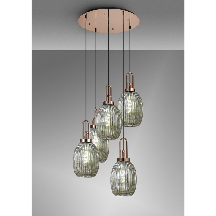 Idolite Camille Round 5 Light Pendant With 20cm Almond Ribbed Glass, Copper/Matt Black Smoked