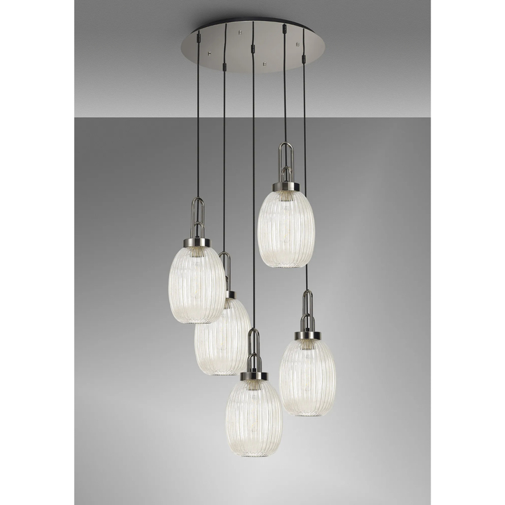 Idolite Camille Round 5 Light Pendant With 20cm Almond Ribbed Glass, Polished Nickel/Matt Black Champagne