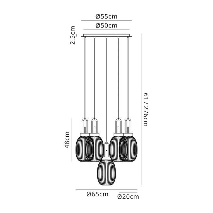 Idolite Camille Round 5 Light Pendant With 20cm Almond Ribbed Glass, Polished Nickel/Matt Black Clear