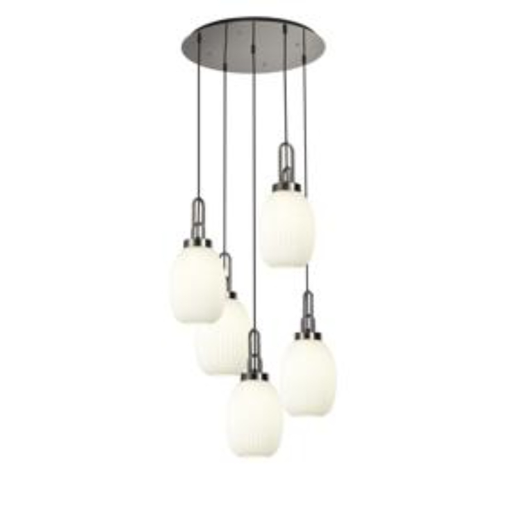 Idolite Camille Round 5 Light Pendant With 20cm Almond Ribbed Glass, Polished Nickel/Matt Black Opal