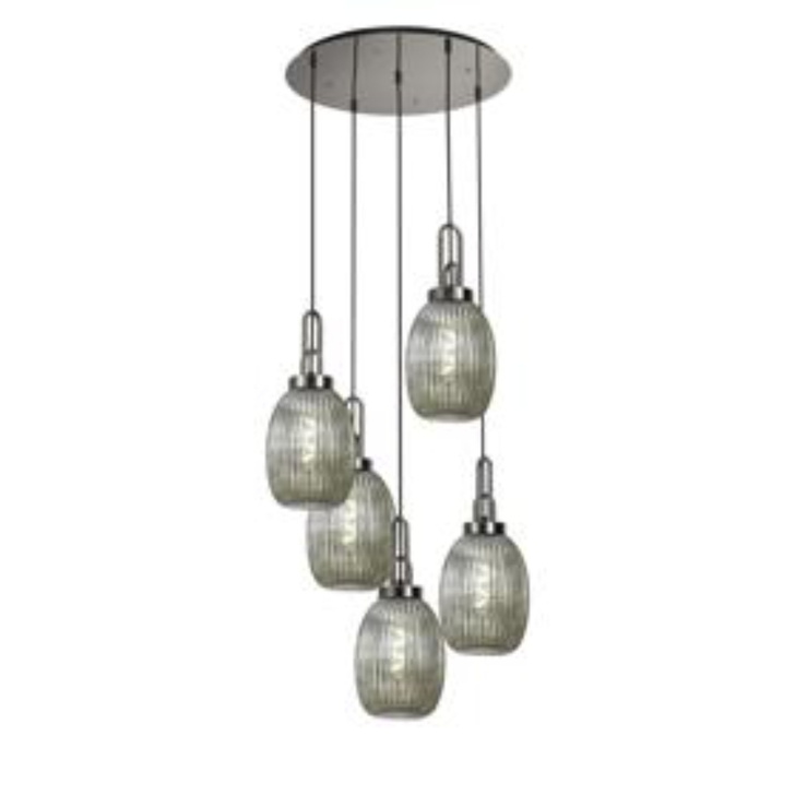 Idolite Camille Round 5 Light Pendant With 20cm Almond Ribbed Glass, Polished Nickel/Matt Black Smoked