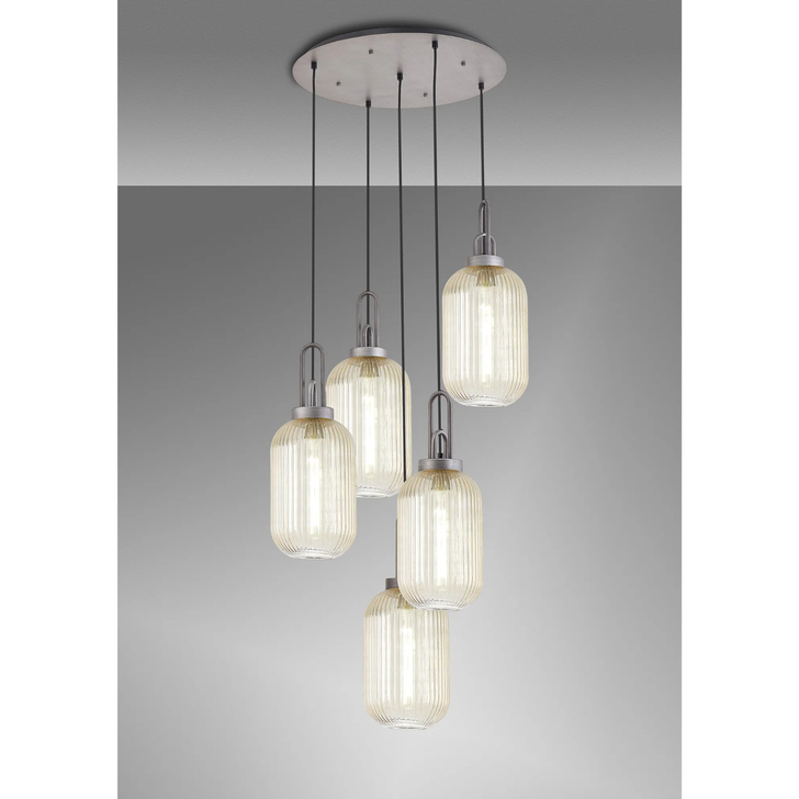 Idolite Camille Round 5 Light Pendant With 20cm Tubular Ribbed Glass, Aged Pewter/Matt Black Champagne