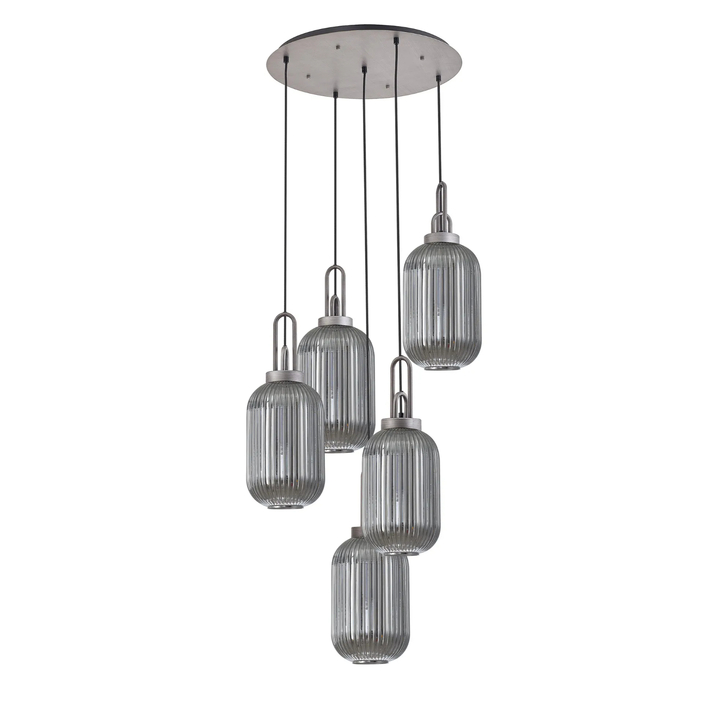 Idolite Camille Round 5 Light Pendant With 20cm Tubular Ribbed Glass, Aged Pewter/Matt Black Smoked