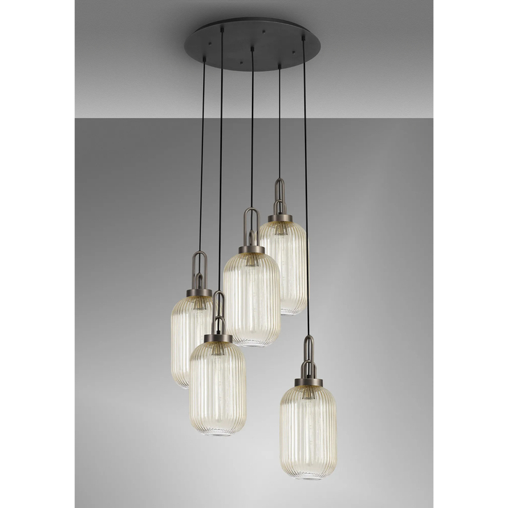 Idolite Camille Round 5 Light Pendant With 20cm Tubular Ribbed Glass, Antique Silver/Matt Black Champagne