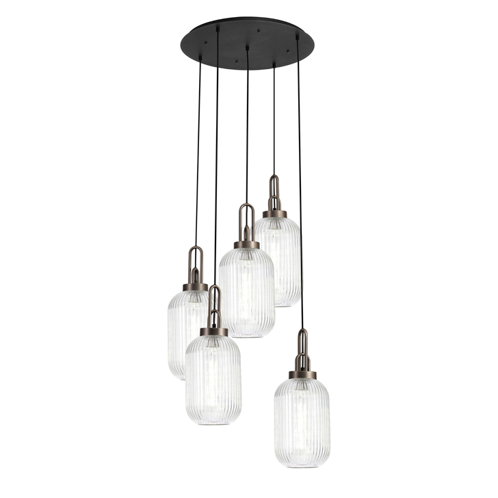 Idolite Camille Round 5 Light Pendant With 20cm Tubular Ribbed Glass, Antique Silver/Matt Black Clear