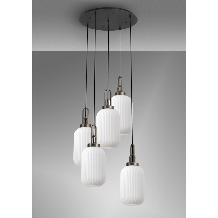 Idolite Camille Round 5 Light Pendant With 20cm Tubular Ribbed Glass, Antique Silver/Matt Black Opal