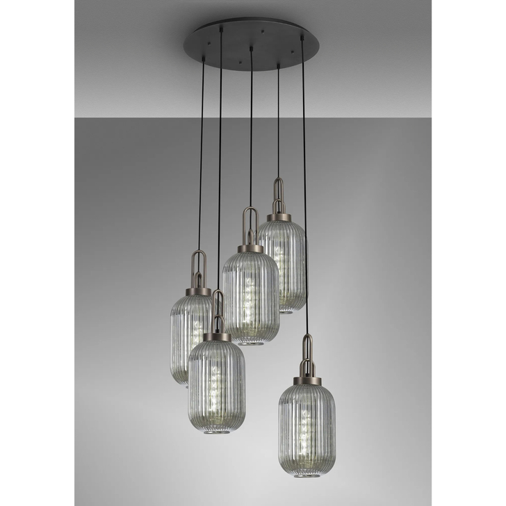 Idolite Camille Round 5 Light Pendant With 20cm Tubular Ribbed Glass, Antique Silver/Matt Black Smoked