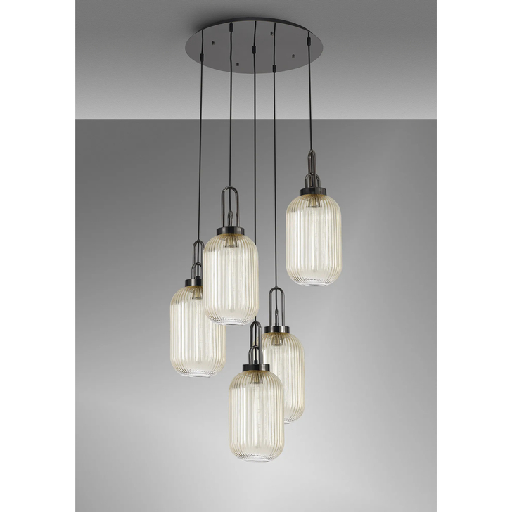 Idolite Camille Round 5 Light Pendant With 20cm Tubular Ribbed Glass, Black Chrome/Matt Black Champagne