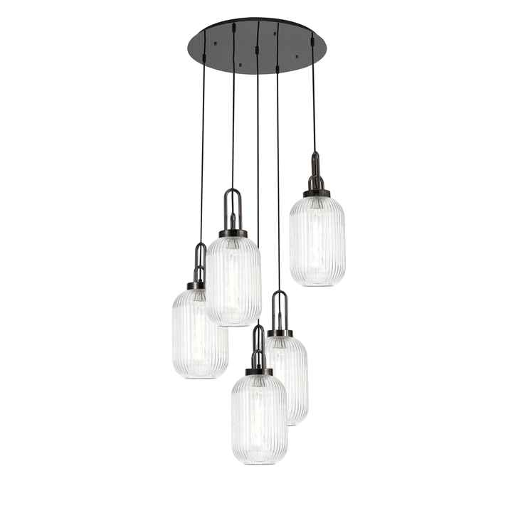 Idolite Camille Round 5 Light Pendant With 20cm Tubular Ribbed Glass, Black Chrome/Matt Black Clear