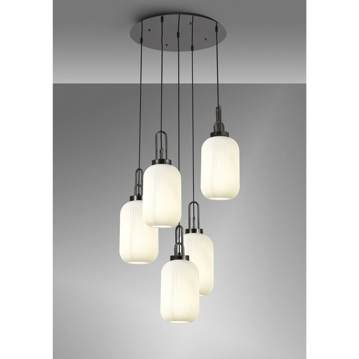 Idolite Camille Round 5 Light Pendant With 20cm Tubular Ribbed Glass, Black Chrome/Matt Black Opal