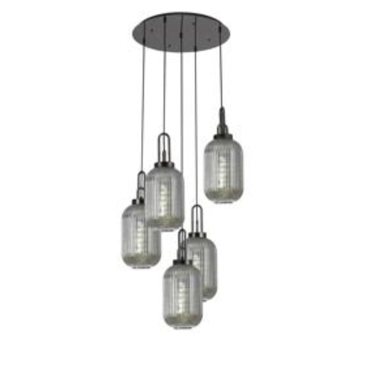 Idolite Camille Round 5 Light Pendant With 20cm Tubular Ribbed Glass, Black Chrome/Matt Black Smoked