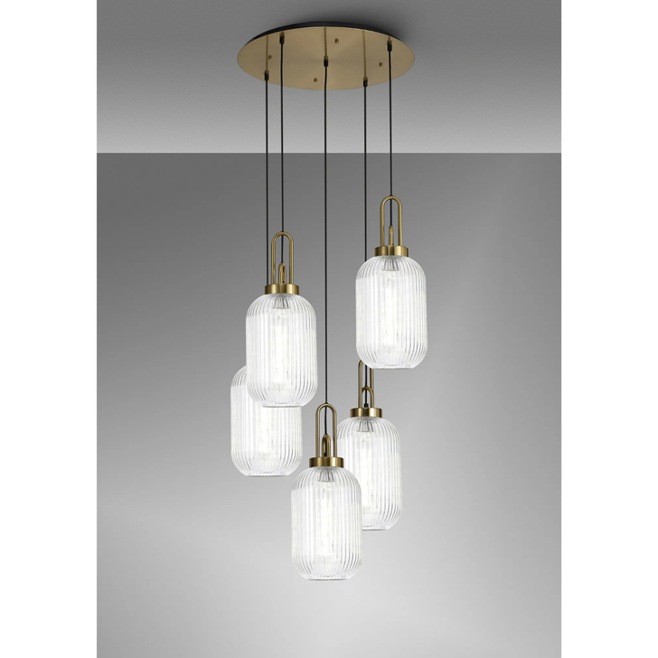Idolite Camille Round 5 Light Pendant With 20cm Tubular Ribbed Glass, Brass Gold/Matt Black Clear