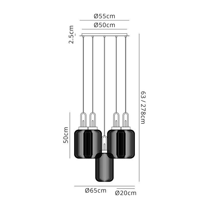 Idolite Camille Round 5 Light Pendant With 20cm Tubular Ribbed Glass, Brass Gold/Matt Black Smoked