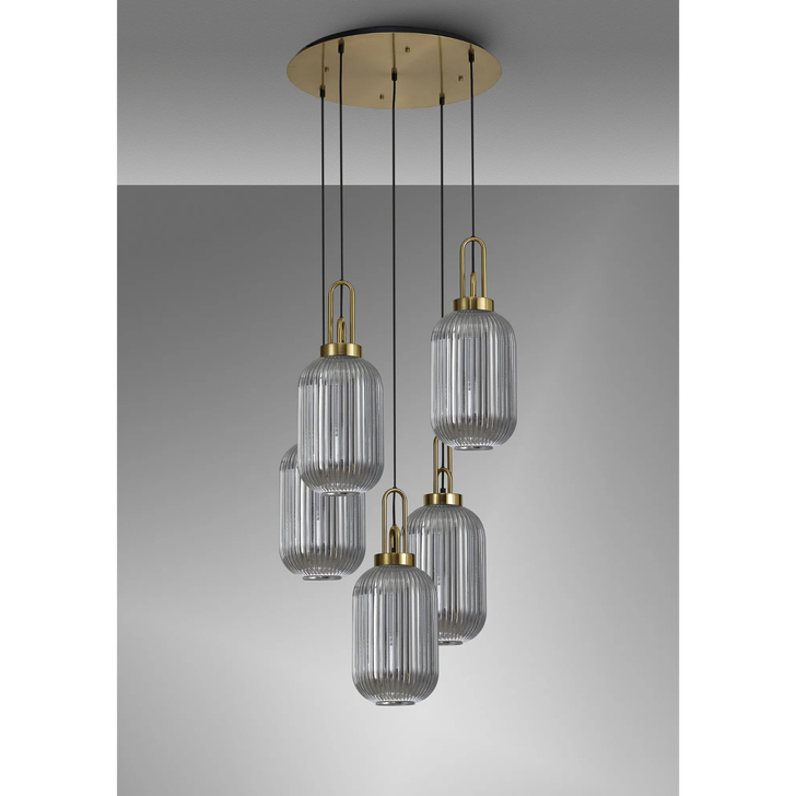 Idolite Camille Round 5 Light Pendant With 20cm Tubular Ribbed Glass, Brass Gold/Matt Black Smoked