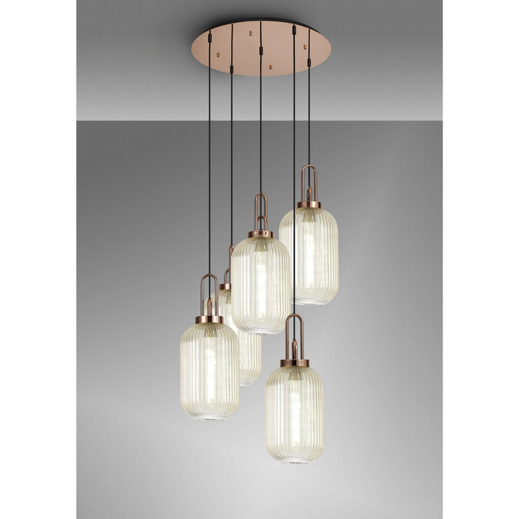 Idolite Camille Round 5 Light Pendant With 20cm Tubular Ribbed Glass, Copper/Matt Black Champagne