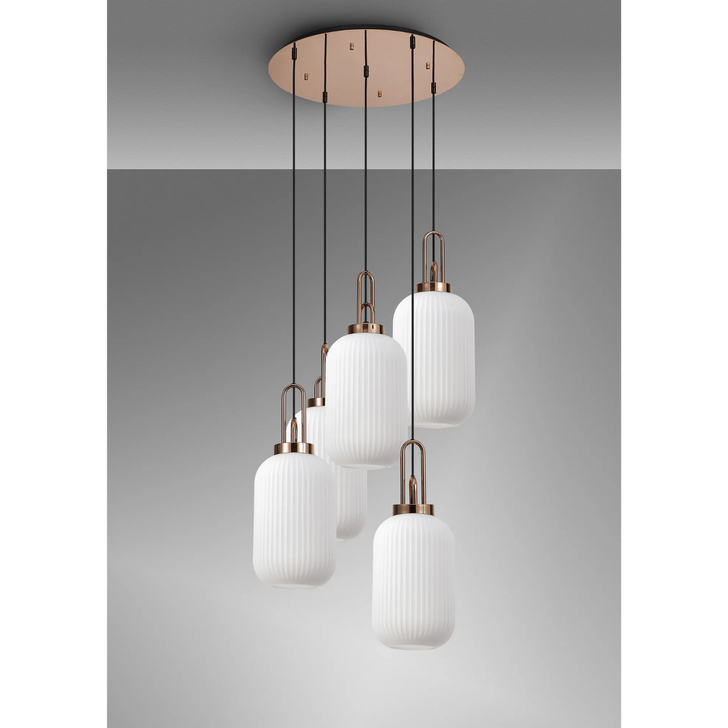 Idolite Camille Round 5 Light Pendant With 20cm Tubular Ribbed Glass, Copper/Matt Black Opal