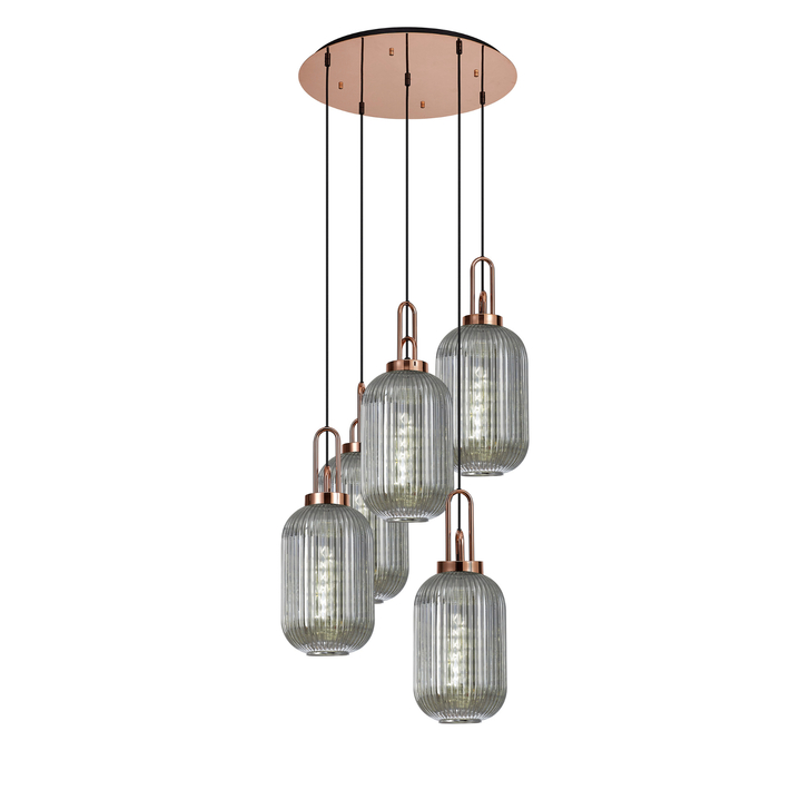 Idolite Camille Round 5 Light Pendant With 20cm Tubular Ribbed Glass, Copper/Matt Black Smoked
