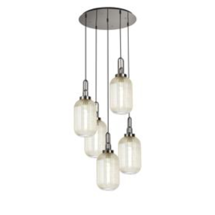 Idolite Camille Round 5 Light Pendant With 20cm Tubular Ribbed Glass, Polished Nickel/Matt Black Champagne