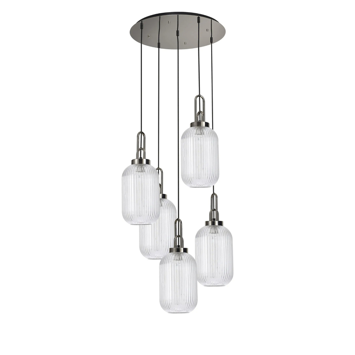 Idolite Camille Round 5 Light Pendant With 20cm Tubular Ribbed Glass, Polished Nickel/Matt Black Clear