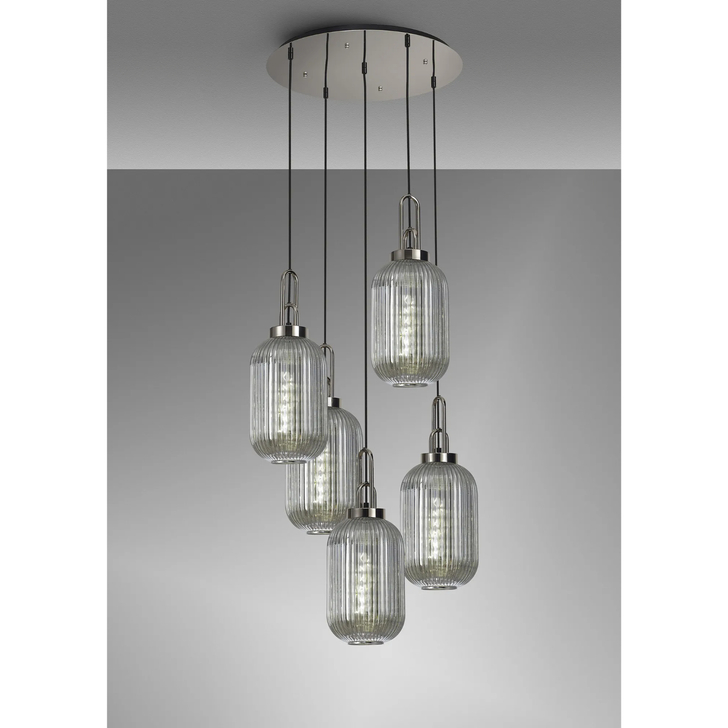 Idolite Camille Round 5 Light Pendant With 20cm Tubular Ribbed Glass, Polished Nickel/Matt Black Smoked