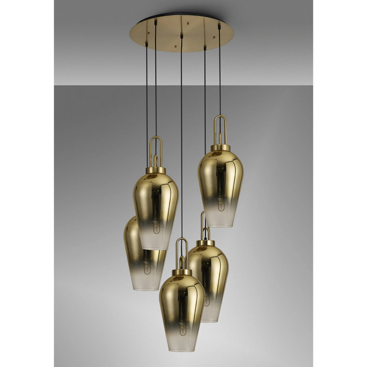 Idolite Camille Round 5 Light Pendant With 23cm Pear Glass, Brass Gold/Matt Black Brass Gold/Clear