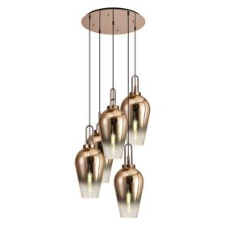 Idolite Camille Round 5 Light Pendant With 23cm Pear Glass, Copper/Matt Black Copper/Clear