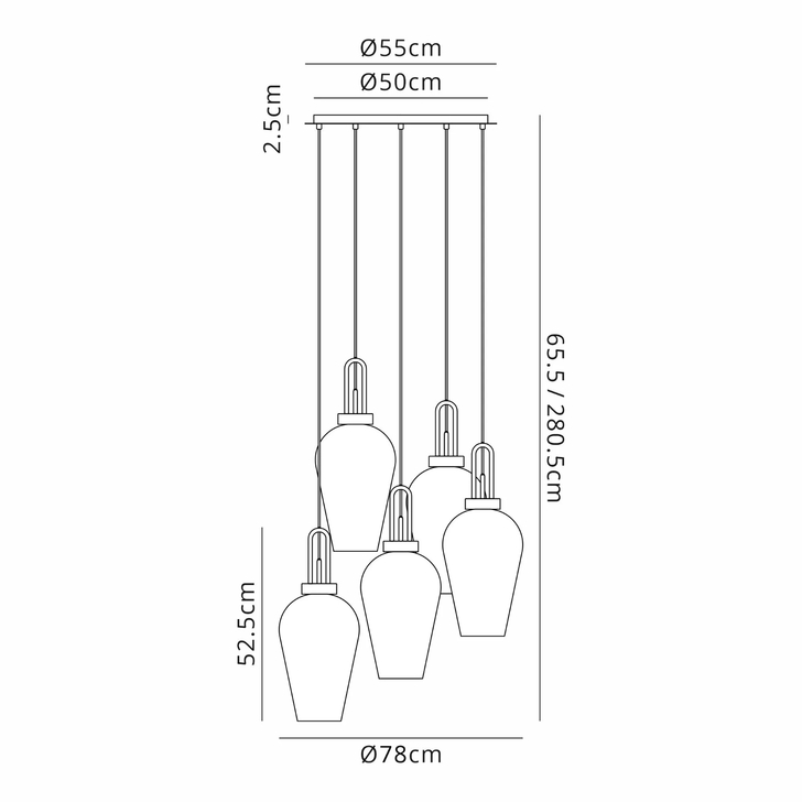 Idolite Camille Round 5 Light Pendant With 23cm Pear Glass, Polished Nickel/Matt Black Smoked/Clear