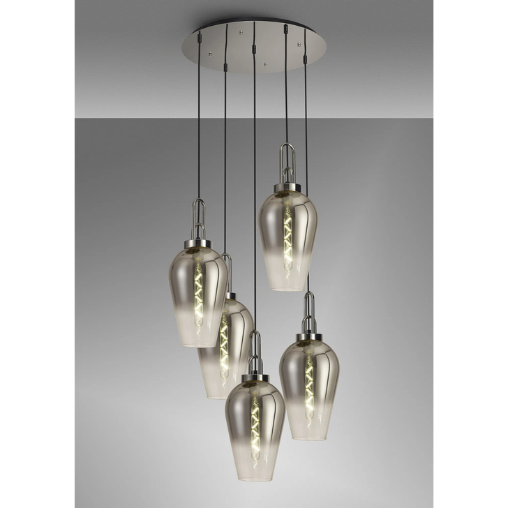 Idolite Camille Round 5 Light Pendant With 23cm Pear Glass, Polished Nickel/Matt Black Smoked/Clear