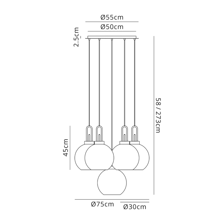 Idolite Camille Round 5 Light Pendant With 30cm Globe Glass, Black Chrome/Matt Black Smoked/Clear