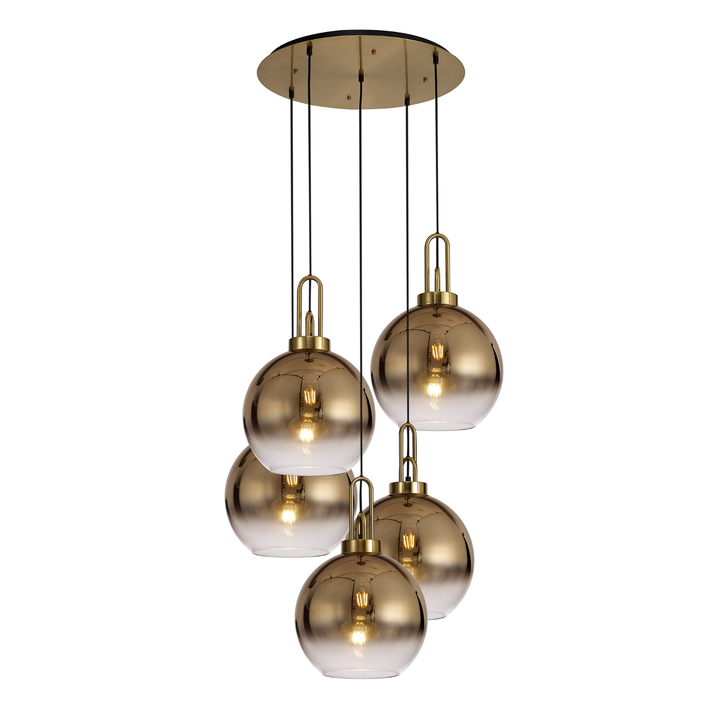 Idolite Camille Round 5 Light Pendant With 30cm Globe Glass, Brass Gold/Matt Black Brass Gold/Clear